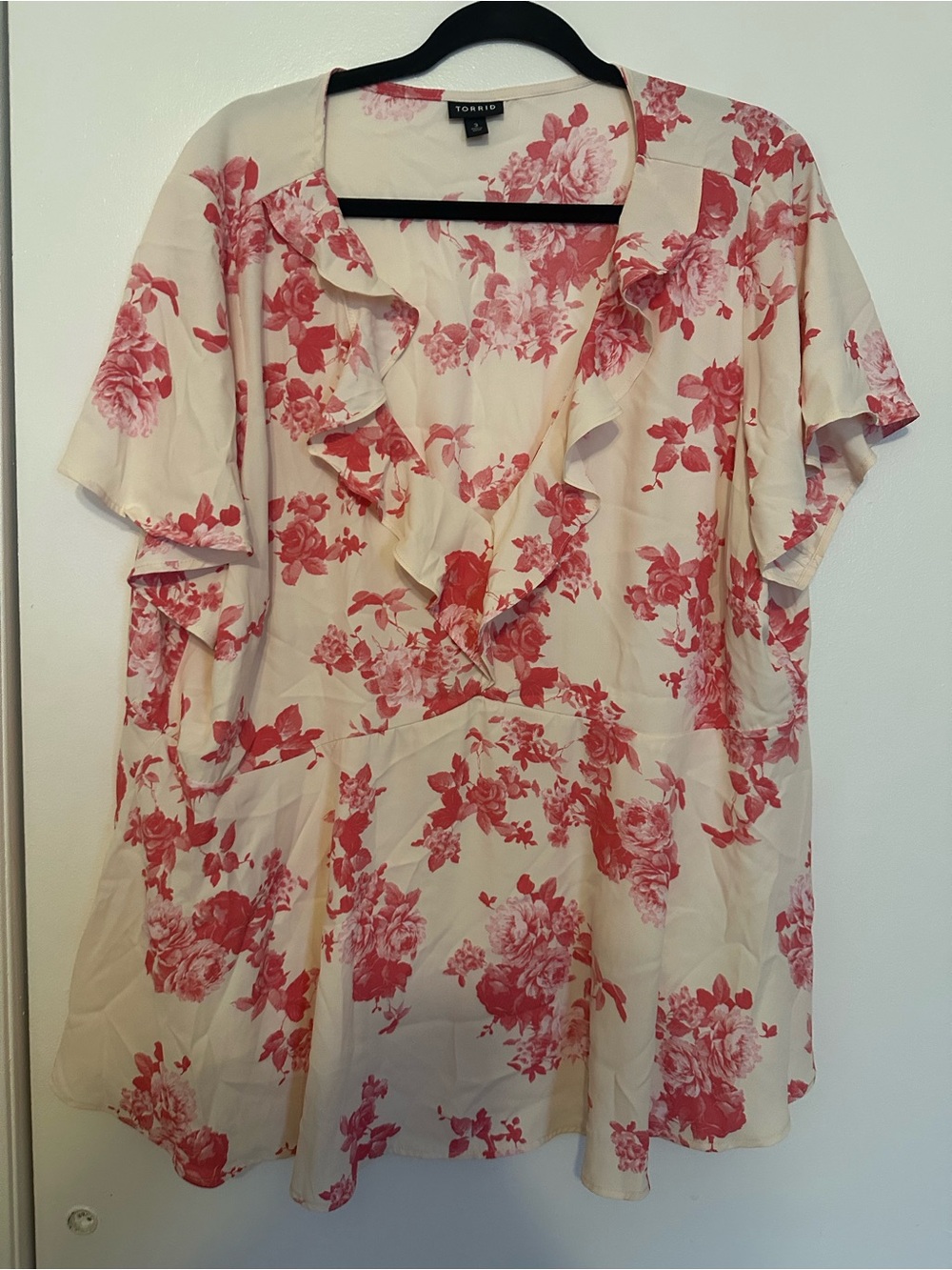 torrid Cream Blouse with Pink Floral Ruffle V-Neck